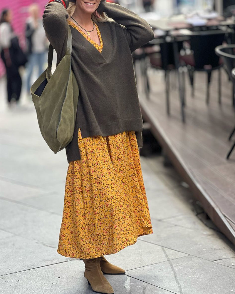 V-Neck Long-Sleeved Floral Dress