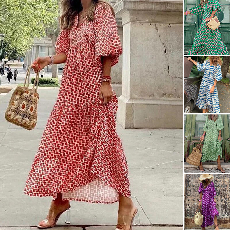 Geometric Print Puff Sleeve Dress