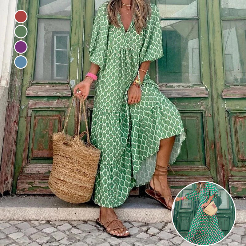 Geometric Print Puff Sleeve Dress