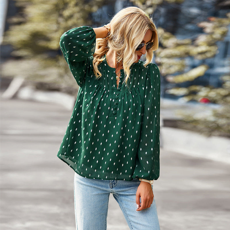 Polka Dot Chiffon Long Sleeve Shirt - Blue