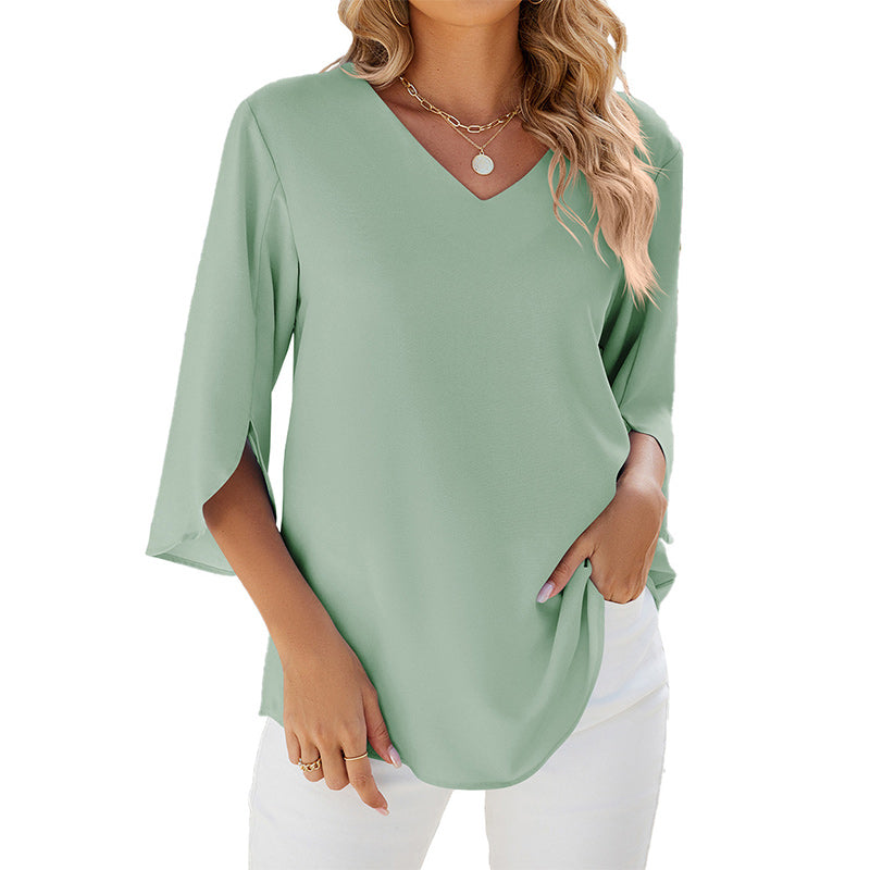 Solid Color V-Neck Mid-Sleeve Chiffon Shirt