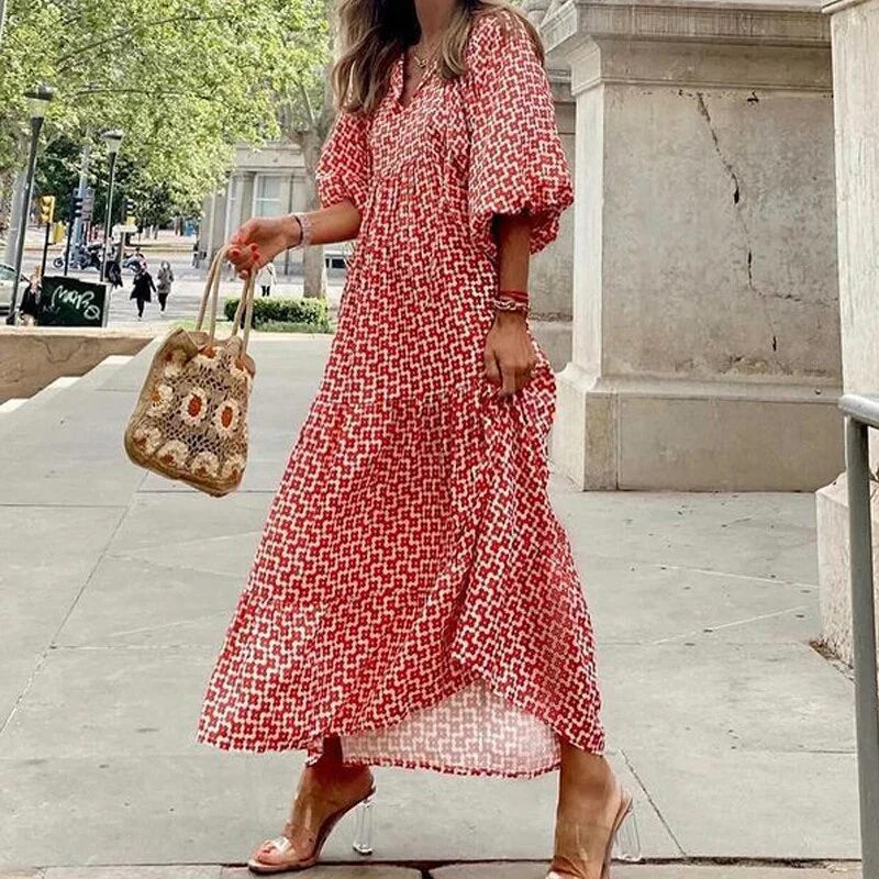 Geometric Print Puff Sleeve Dress