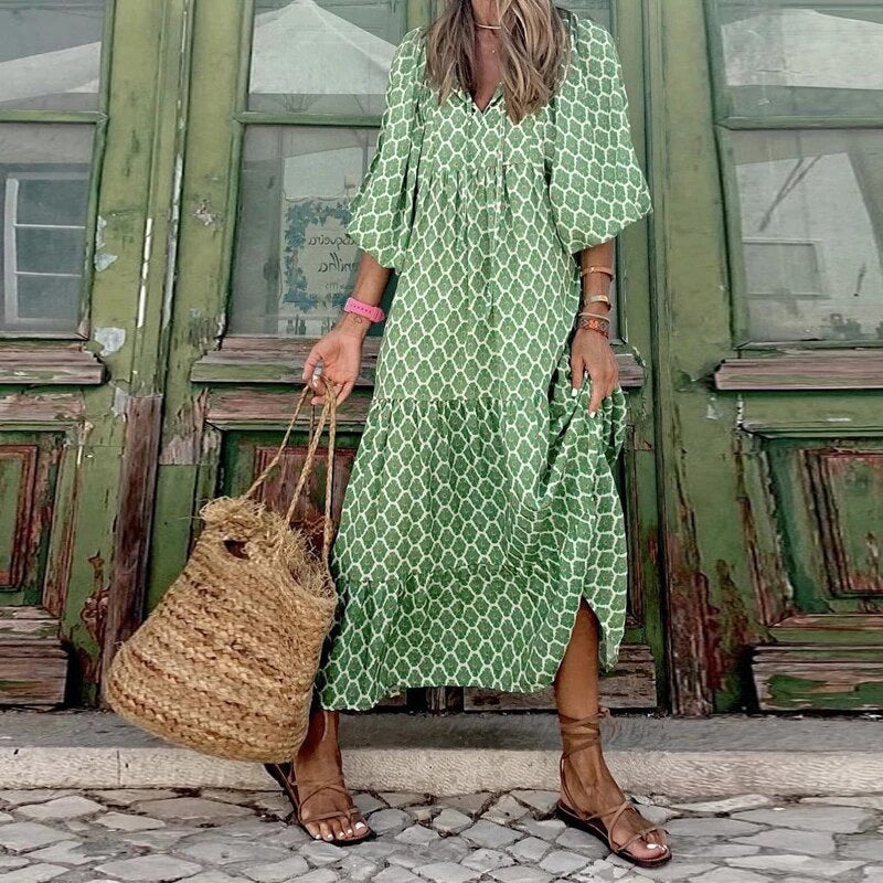 Geometric Print Puff Sleeve Dress