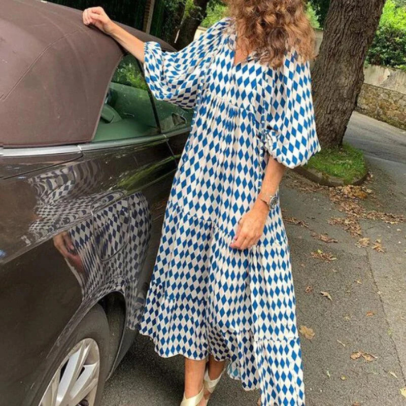 Geometric Print Puff Sleeve Dress