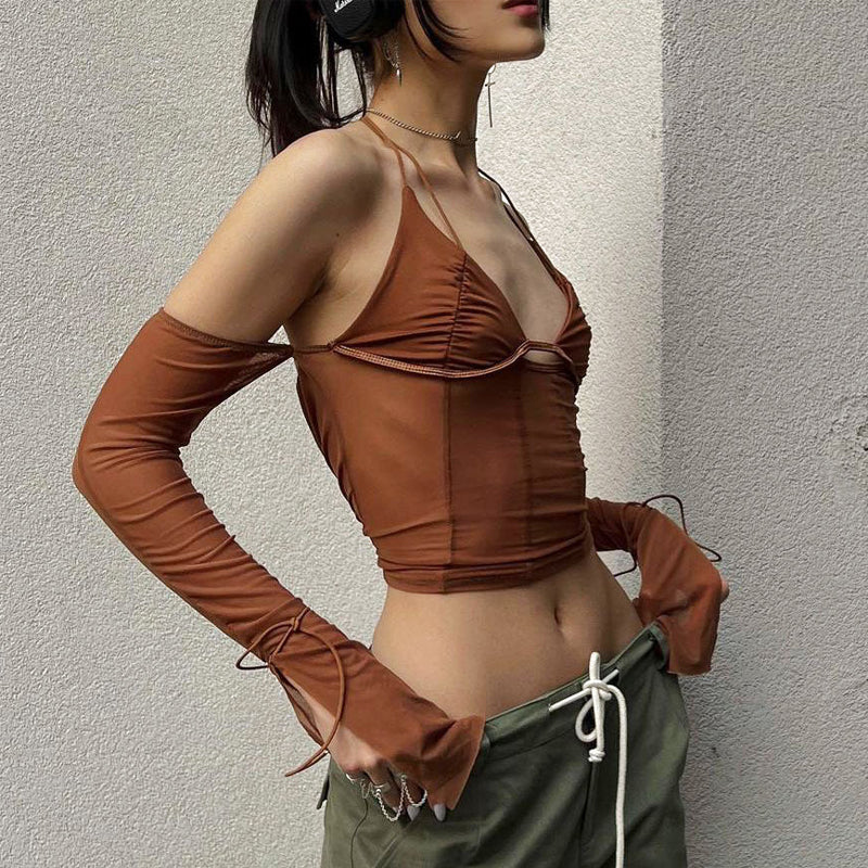 Mesh Sheer Off Shoulder Halter Top