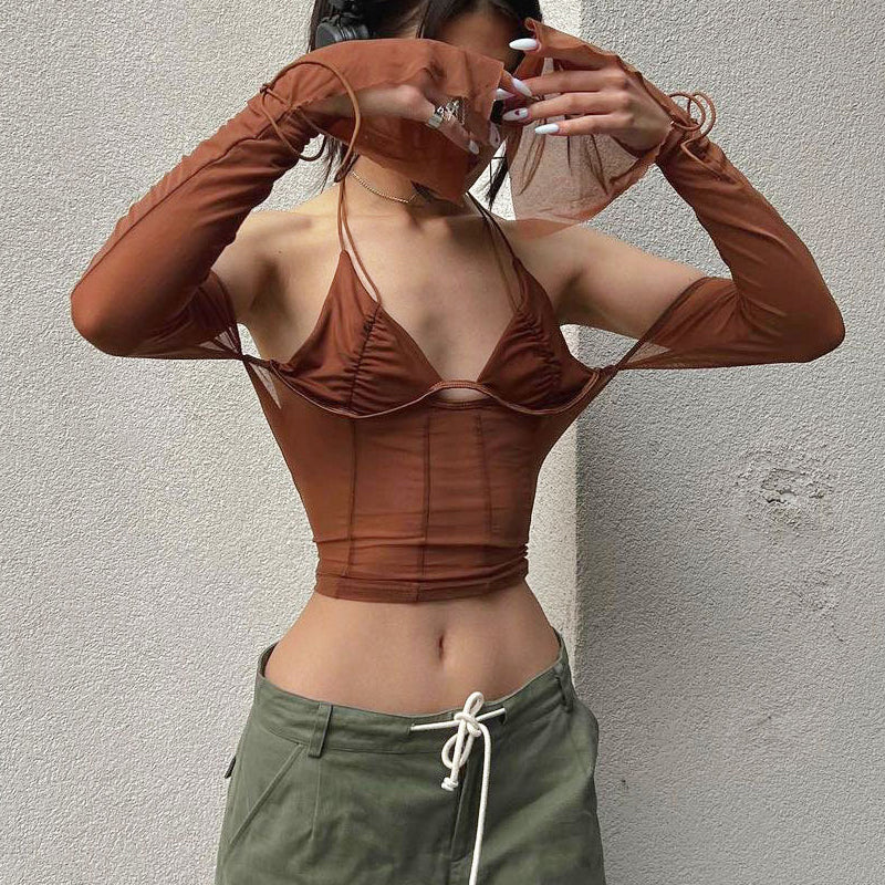 Mesh Sheer Off Shoulder Halter Top