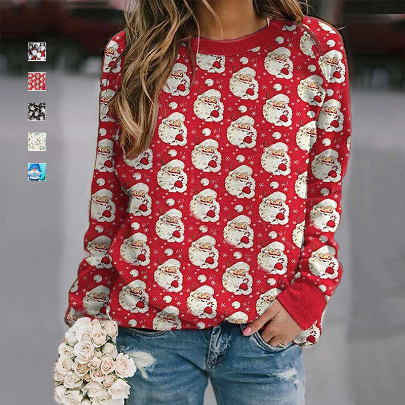 Christmas Print Crewneck Long Sleeved Fleece Sweatshirt