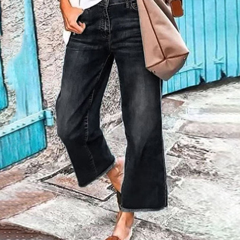 Washed Raw Hem Mid Waist Wide Leg Jeans