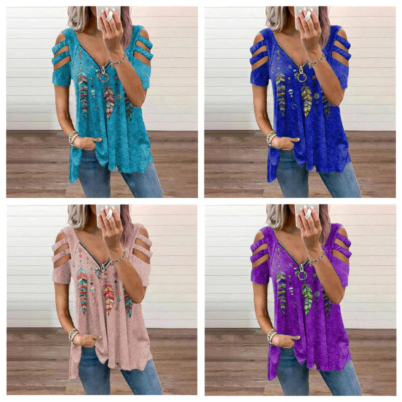 V-Neck Zip Pullover Print Short Sleeves
