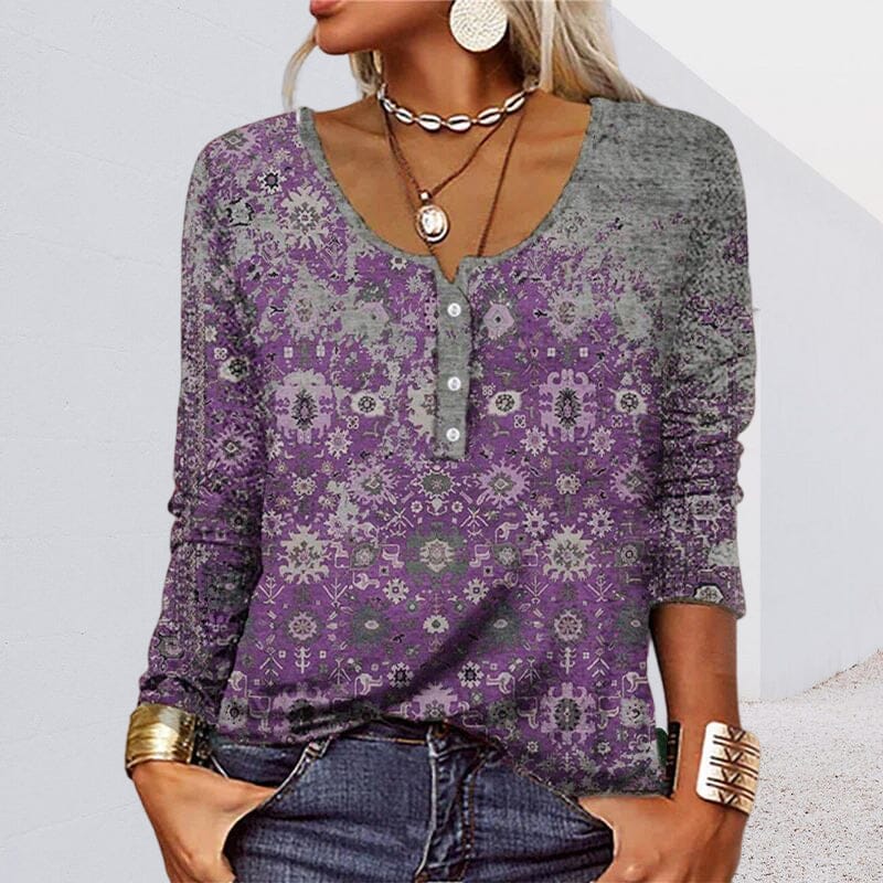 Long-sleeved U-neck Top with Buttons