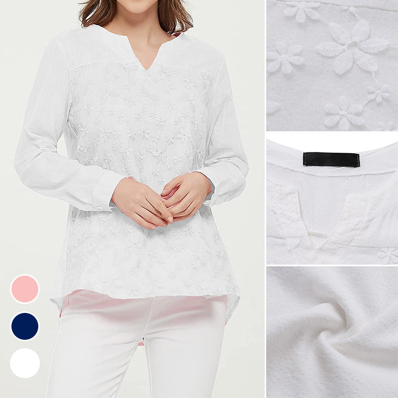 Women's Lace Embroidered Cotton and Linen Long-sleeved Shirt