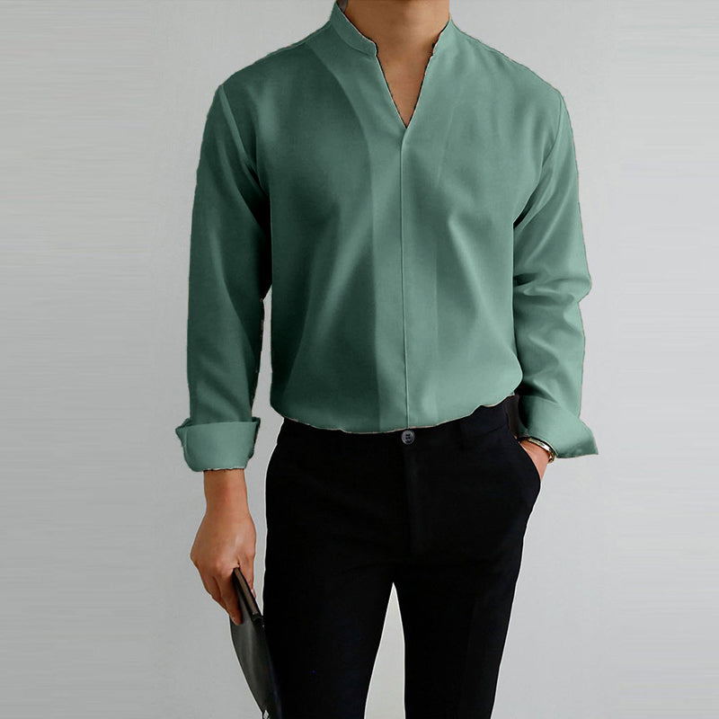 Men's Casual Solid Color V-Neck Long Sleeve Shirt