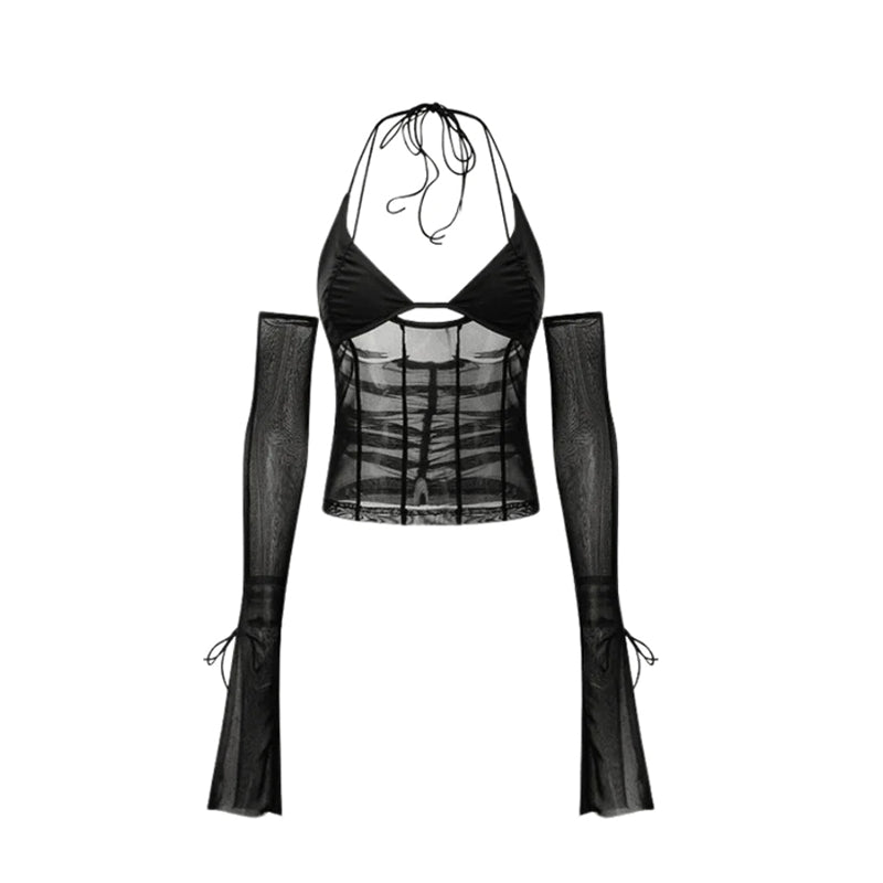 Mesh Sheer Off Shoulder Halter Top