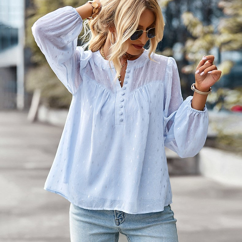 Polka Dot Chiffon Long Sleeve Shirt - Blue