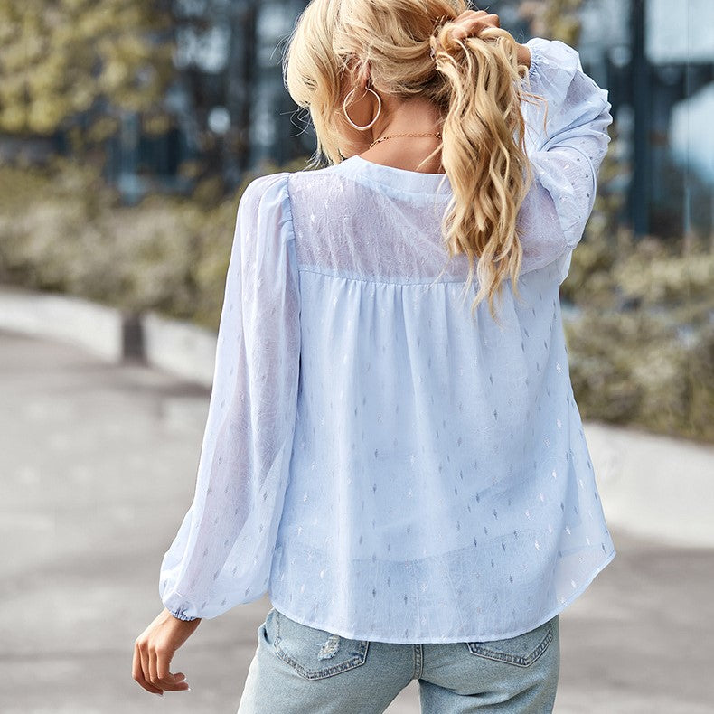 Polka Dot Chiffon Long Sleeve Shirt - Blue