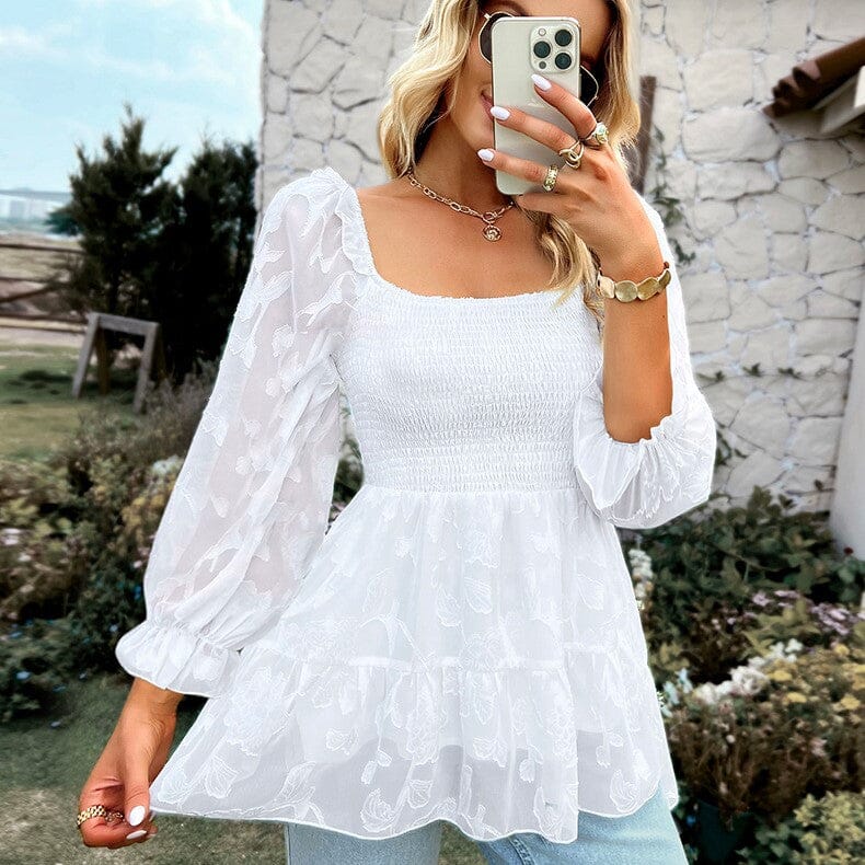 Square Neck Floral Shirred Peplum Blouse